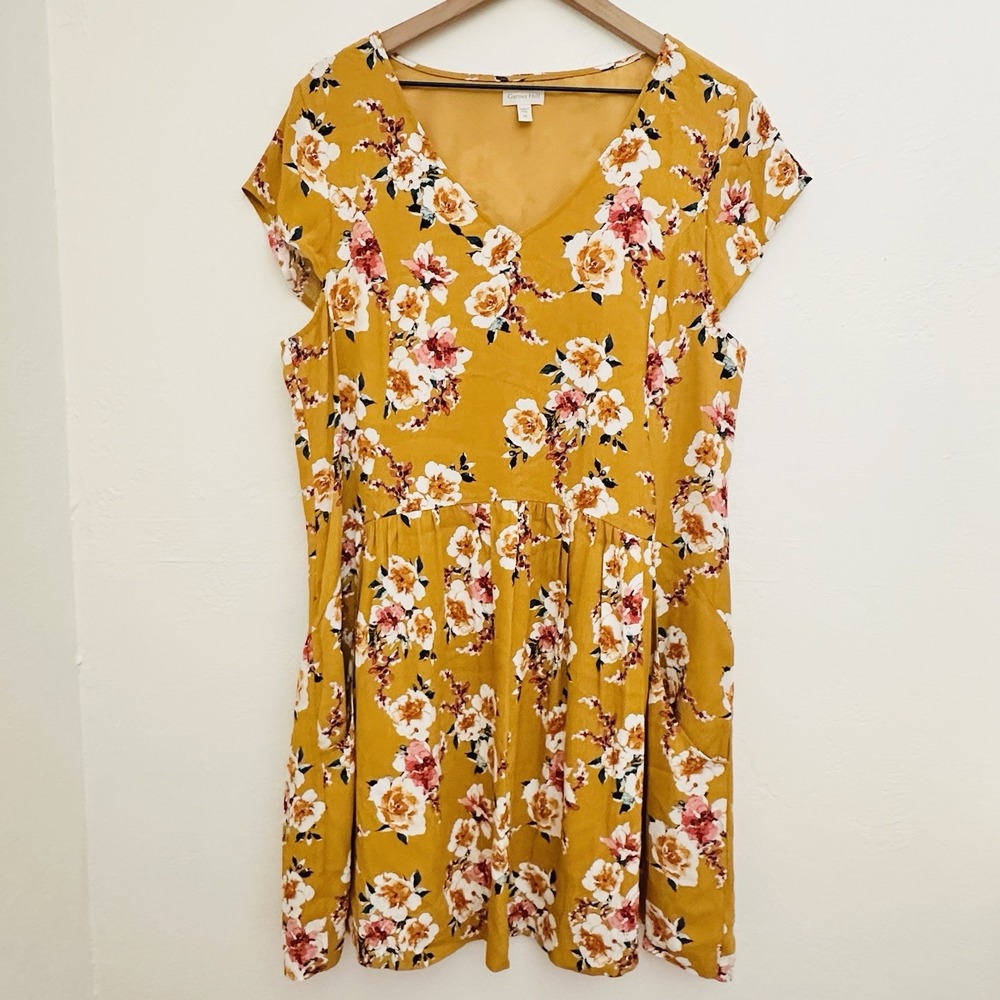 Garnet Hill Midi Dress Womens Sz 14 Mustard Yellow Floral Pockets Short Sleeve - Picture 3 of 13